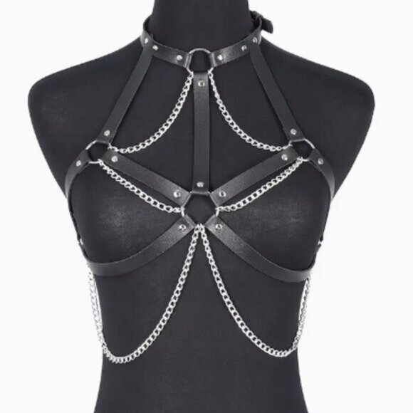 PU Leather Layered Chain Choker Harness - Picture 1 of 5